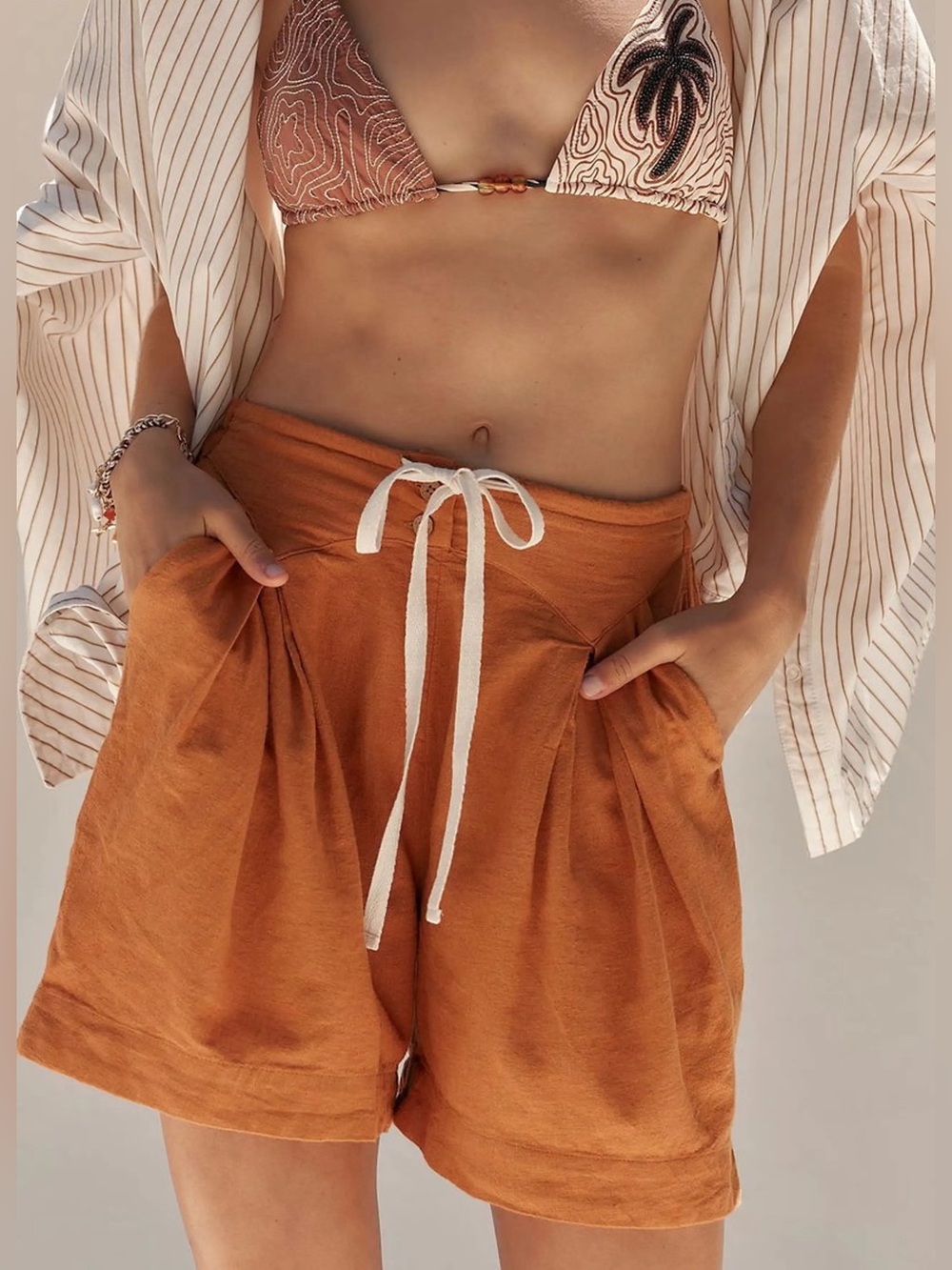 Free People Breeze Line Shorts NWT Thai Curry Rust Linen Free-est